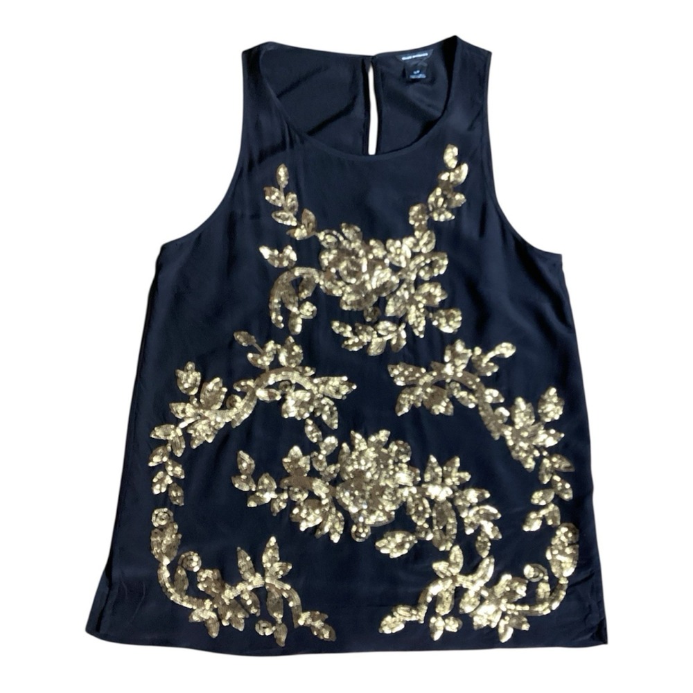 Club Monaco Black 100% Silk Bronze Gold  Sequin Embellished Shell  Top Sz Small